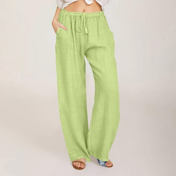 Viadha Women Plus Size Cotton Linen Wide Leg Pants Casual Loose Fit Elastic High Waist Drawstring Palazzo Pants Trousers Womens Clothes
