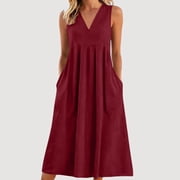 Women Summer Casual Dresses V Neck Sleeveless Sundresses Fashion Beach Dress with Pockets