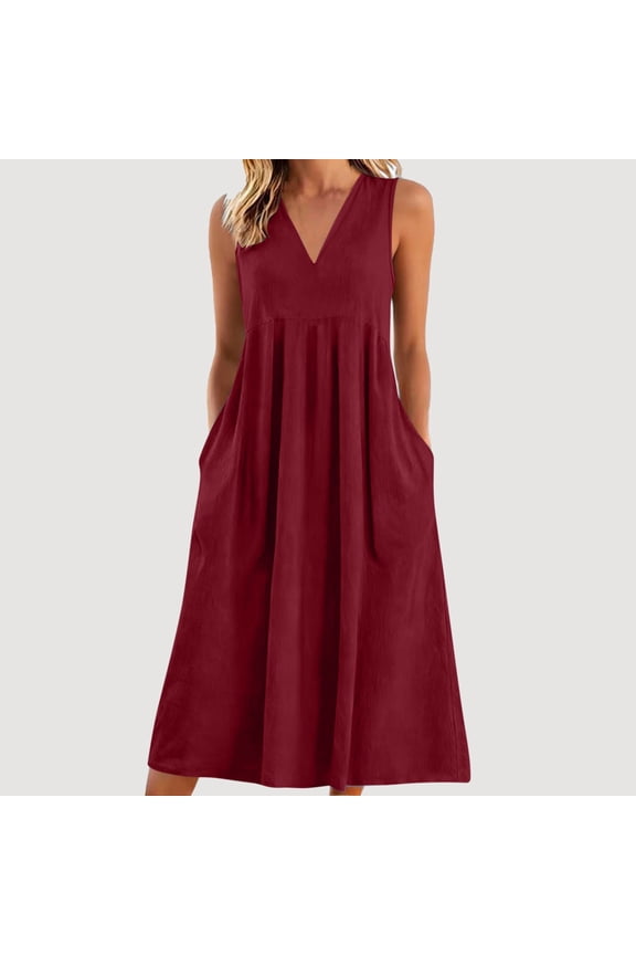 Women Summer Casual Dresses V Neck Sleeveless Sundresses Fashion Beach Dress with Pockets