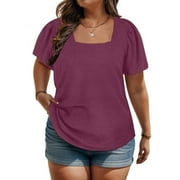 Viadha Women Shirts Women's Summer Solid Color Plus Size Tops Puff Short Sleeve Loose Fashion Short Sleeve Round Neck Top XL-5XL Plain T Shirts for Women