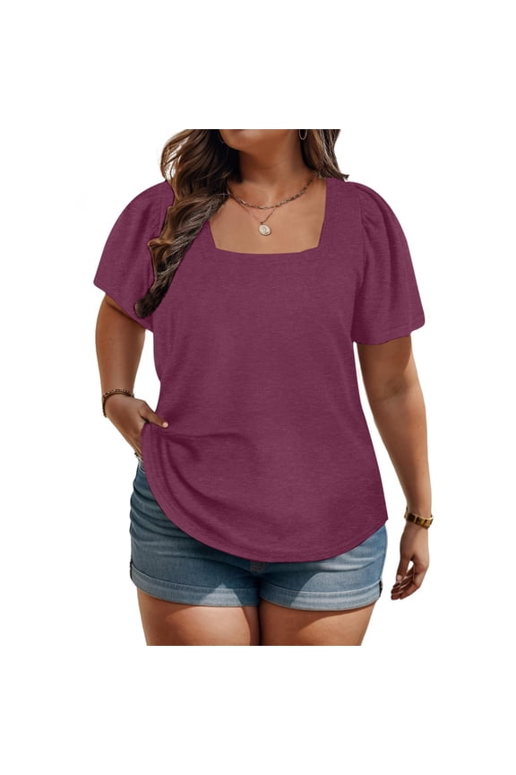 Women Shirts Women's Summer Solid Color Plus Size Tops Puff Short Sleeve Loose Fashion Short Sleeve Round Neck Top XL-5XL Plain T Shirts for Women