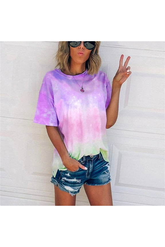 Women Tops Casual Summer T Shirts Summer Tie-Dye Short Sleeve Crew-Neck T-Shirt Casual Tee Tops(S-5XL) Solid Color Tees