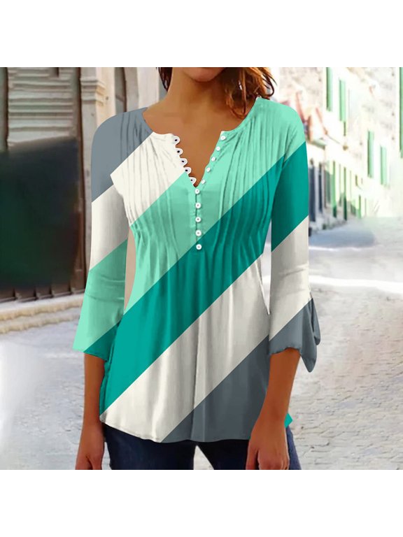 Women's Casual Button Printed Pleated Waistband Flared Seven-Quarter Sleeve 3/4 Sleeve Blouse Long Sleeve V-Neck Blouse/Shirt