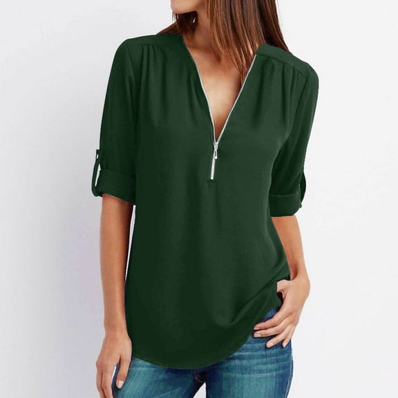 Viadha Women's Casual Tops T-Shirts Summer Long Sleeve Zip Casual Tunic V-Neck Rollable Blouse Tops Pullover Lightweight Blouse