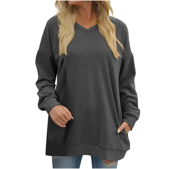 Viadha Women's Drop Shoulder Sleeve Top Solid Colour Loose Long Sleeve V-Neck Double Pocket Sweatshirt