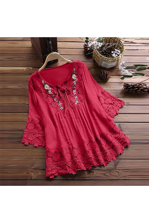 Women's Plus Size Tops Women Vintage Lace Patchwork Bow V-Neck Three Quarter Blouses T-Shirt