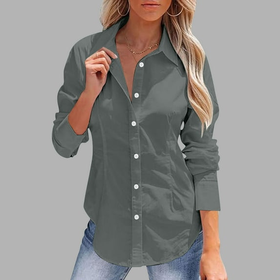 Viadha Women's Plus Size Tops Women's Washed Cotton and Linen Shirts Long Sleeve Dress Shirts Wrinkle Collared Work Office Solid Blouses Tops