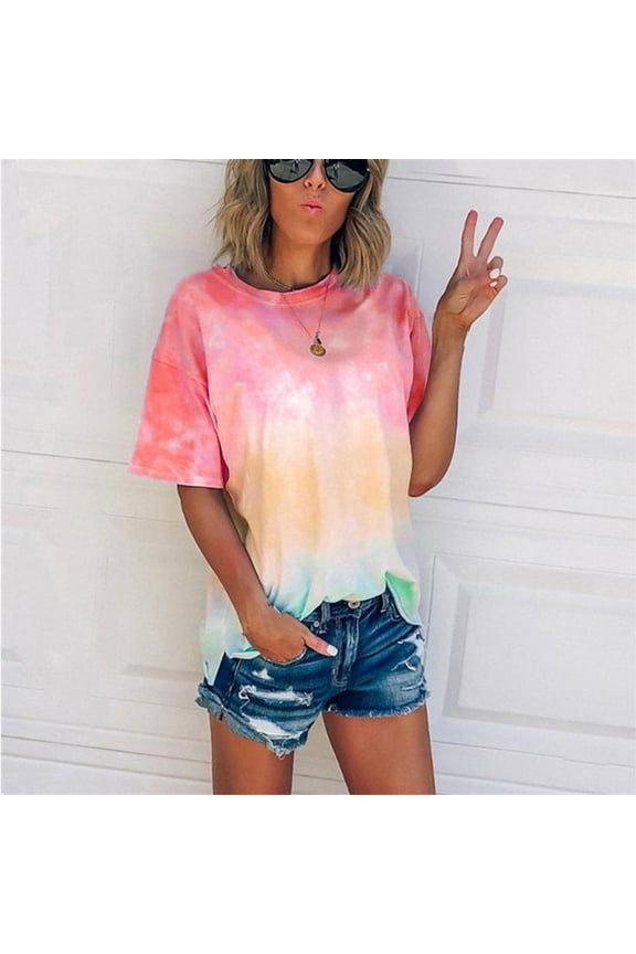 Women shirts $5 Summer Tie-Dye Short Sleeve Crew-Neck T-Shirt Casual Tee Tops(S-5XL) Loose Tunic Blouse