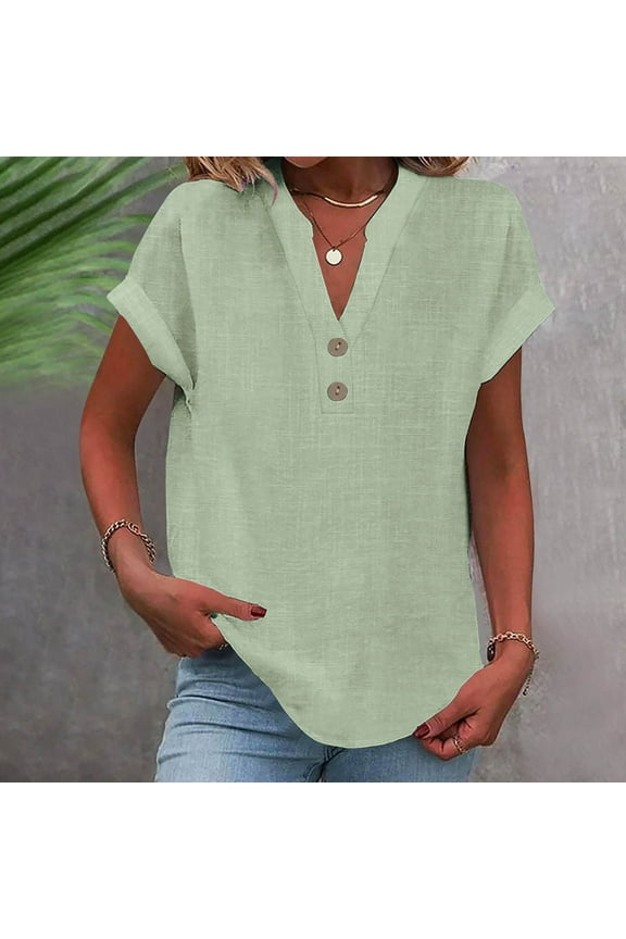 Viadha Women shirts $5 Tops Fashion Solid Button Shirt Female V-Neck Loose T-shirt Blouse Summer Clothes