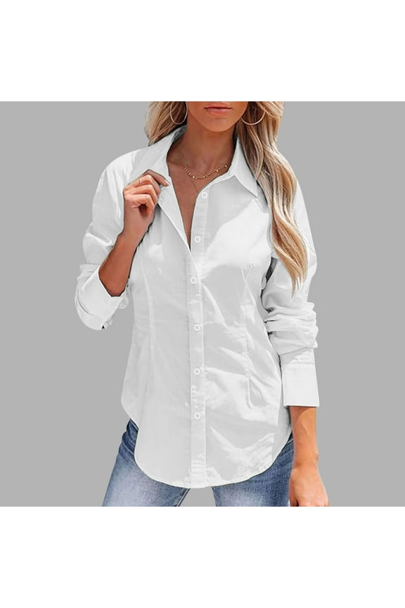 Womens 3/4 Sleeve Tops Women's Washed Cotton and Linen Shirts Long Sleeve Dress Shirts Wrinkle Collared Work Office Solid Blouses Tops