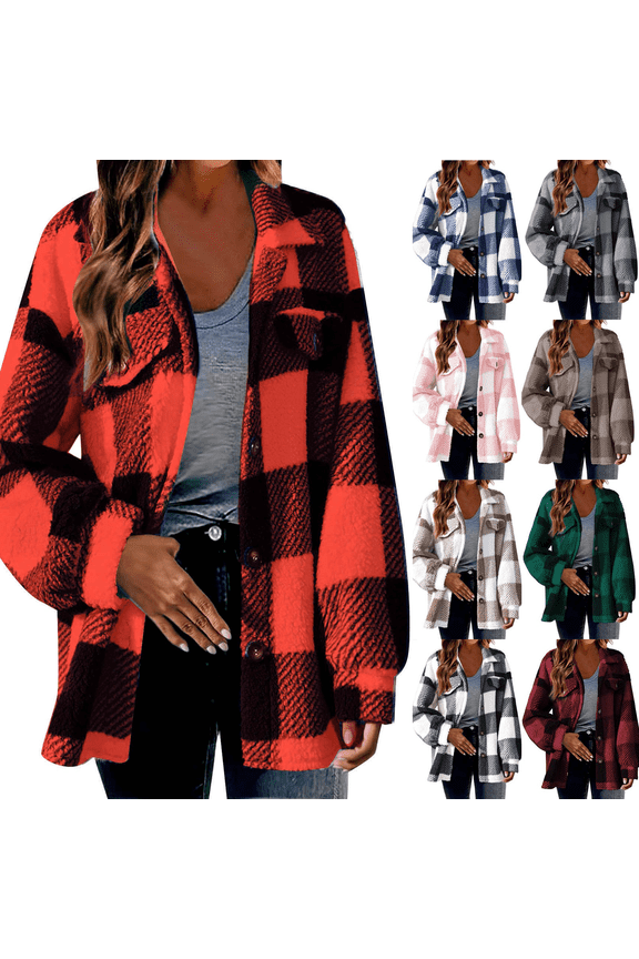 Viadha Womens Button Down Plaid Shacket Jacket Long Sleeve Straight Cardigan Warm feel Fashion Coat Fall Winter Jackets with Pockets