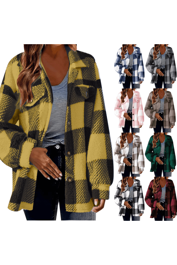 Viadha Womens Button Down Plaid Shacket Jacket Long Sleeve Straight Cardigan Warm feel Fashion Coat Fall Winter Jackets with Pockets