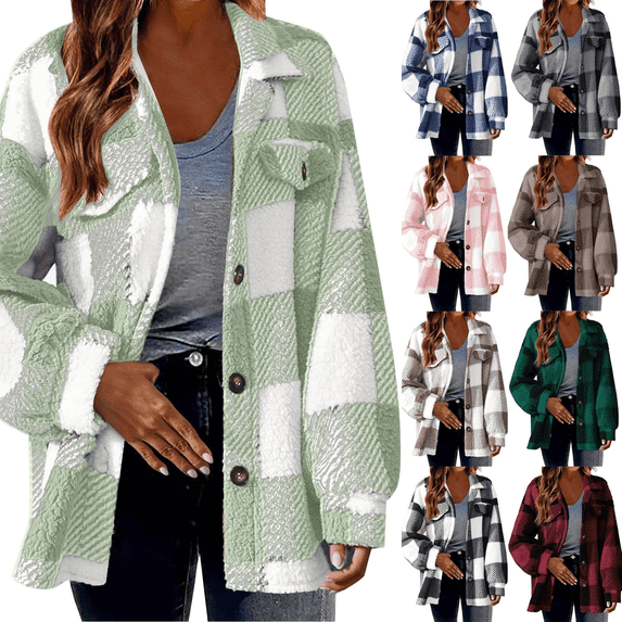 Viadha Womens Button Down Plaid Shacket Jacket Long Sleeve Straight Cardigan Warm feel Fashion Coat Fall Winter Jackets with Pockets