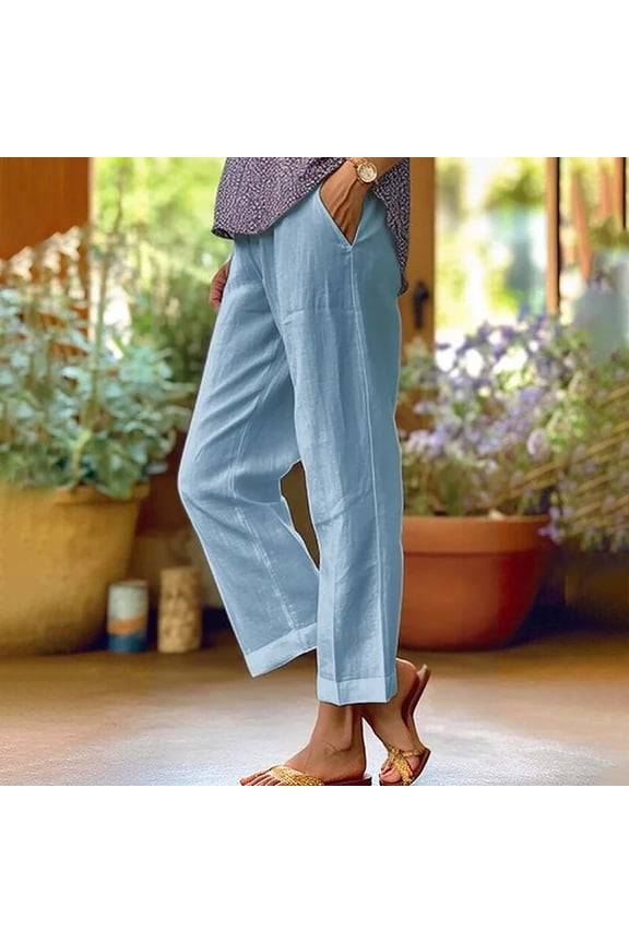Womens Cargo Pants Solid Color Elastic Waist Cotton Cotton-Linen Straight Elastic Waist Casual Wide Leg Pants