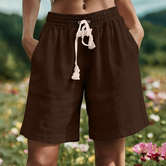 Viadha Womens Cargo Shorts Summer Solid Color Elastic Waist Drawstring Casual Linen Shorts with Pockets