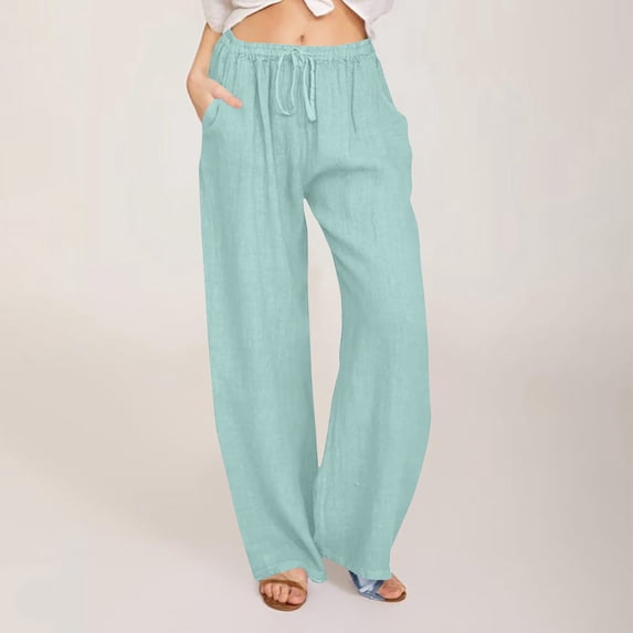 Viadha Womens Cotton Linen Pants Drawstring Waist Straight Leg Lounge Pants for Women Solid Color Slacks