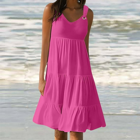 Viadha Womens Dress Fashion Holiday Summer Solid Color Sleeveless Party Beach Dress