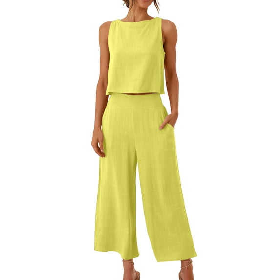Viadha Womens Lounge Set 2PC Fashion Woman Round Neck Solid Sleeveless Blouse +Loose Pockets Pants Sets
