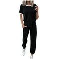 thumbnail image 1 of Viadha Womens Matching Sets Summer Women's Fashion Casual Solid Color Round Neck Short Sleeved Long Pants Two-piece Set, 1 of 5