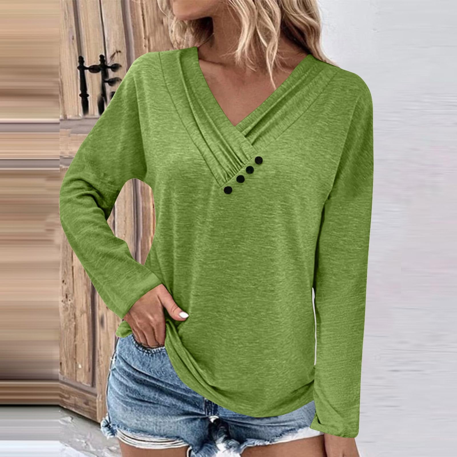 V-Neck Textured Knit Long Sleeve T-Shirt main image 1