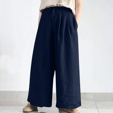 Viadha Womens Pants Dressy Casual Solid Cotton and Linen Drawstring Loose Casual Wide Leg Pants