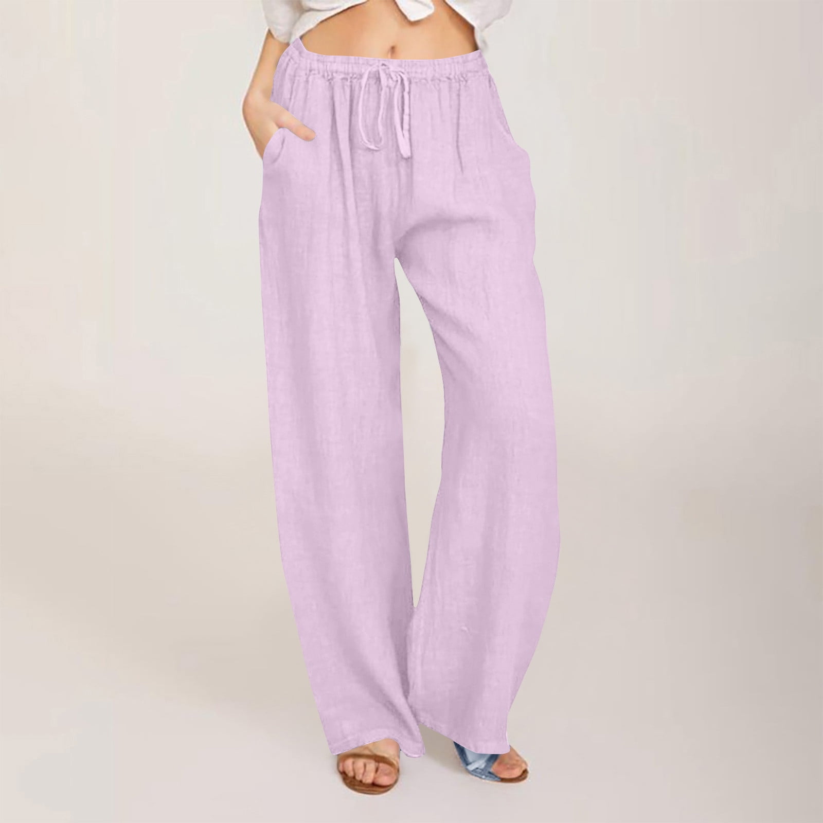 Women Summer Casual Pure Color 100%Cotton Wide-leg Pants