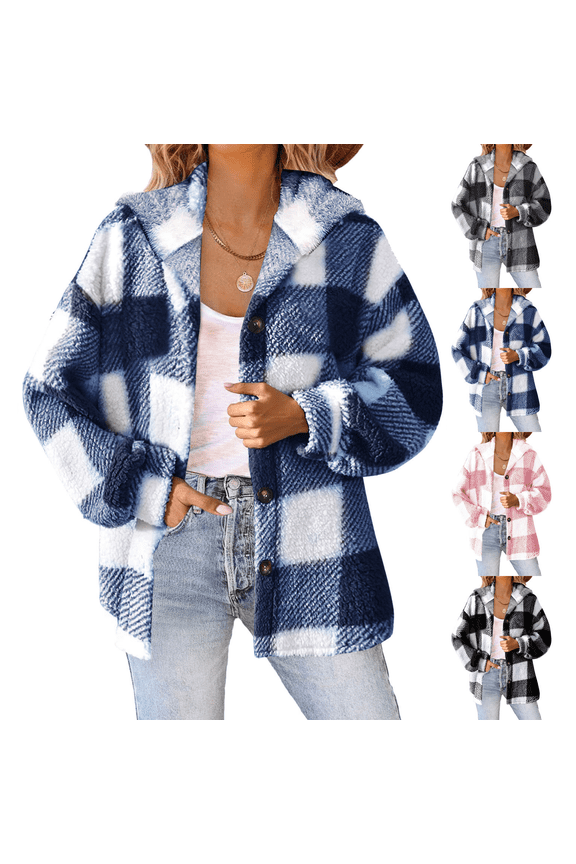 Womens Plaid Hoodies Long Sleeve Jacket Button Down Flannel Shacket Shirts Casual Fleece Lined Hooded Jackets Warm Coat with Pockets