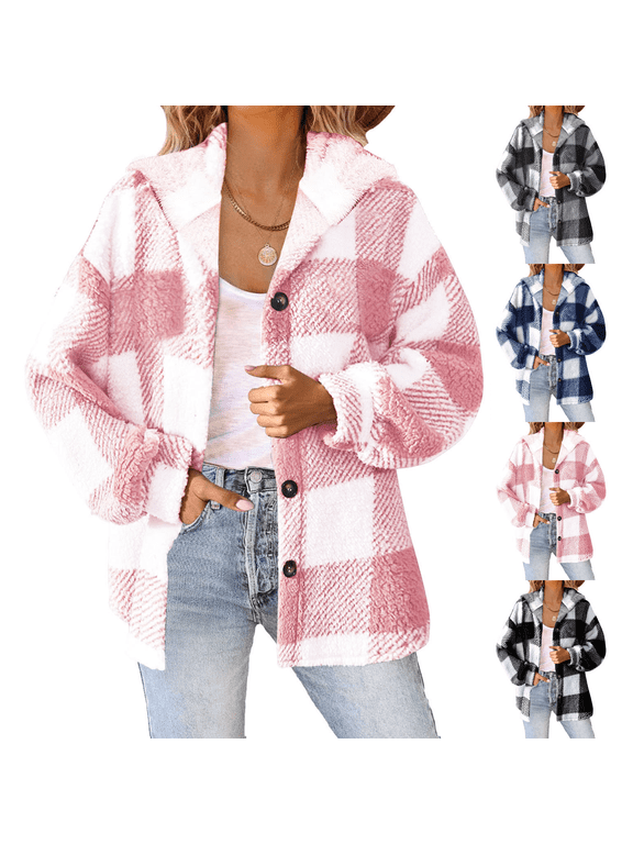Womens Plaid Hoodies Long Sleeve Jacket Button Down Flannel Shacket Shirts Casual Fleece Lined Hooded Jackets Warm Coat with Pockets