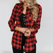 Viadha Womens Plaid Shacket Jacket Plaid Composite Fashion Button Cardigan Pocket Coat(Red,2XL)