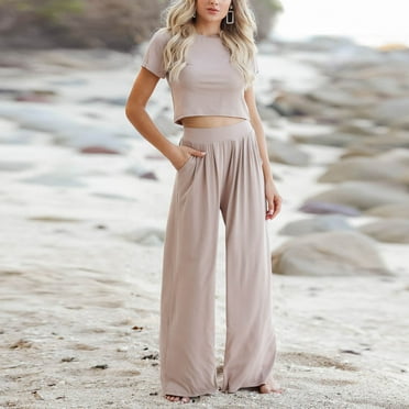 Viadha Womens Short Sets Women's Solid Color Pocket Lace Up Pants Sweatpants Tank Top Set