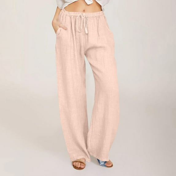 Viadha Womens Slacks Women's Relaxed Fit Straight Leg Pants Solid Cotton Linen Drawstring Elastic Waist Long Wide Leg Pants Work Cargo Casual Pants Wide Leg Pants Relaxed Fit Trousers