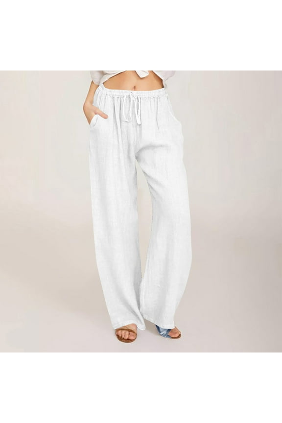 Womens Slacks Women's Relaxed Fit Straight Leg Pants Solid Cotton Linen Drawstring Elastic Waist Long Wide Leg Pants Work Cargo Casual Pants Wide Leg Pants Relaxed Fit Trousers