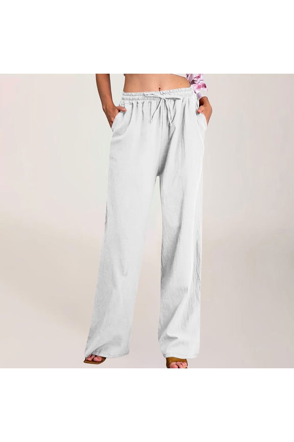 Womens Straight Wide Leg Linen Pants Loose Drawstring High Waisted Casual Solid Long Trousers with Pockets