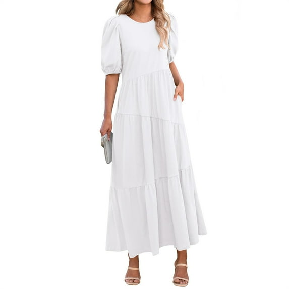 Viadha Womens Summer Women's Bubble Sleeve Round Neck Patchwork Loose Casual Shirt Long Dress