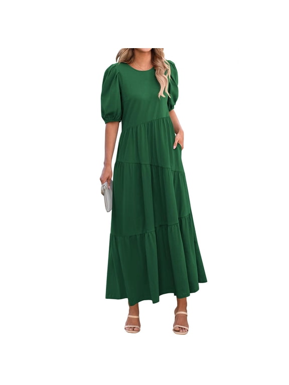 Womens Summer Dresses Women's Bubble Sleeve Round Neck Patchwork Loose Casual Shirt Long Dress