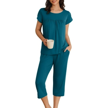 Viadha Womens Summer Sets 2PC Women's Solid Color Round Neck Short Sleeve Sleepshirt and Pants Sets Loungewear Pajamas with Pockets on Clearance
