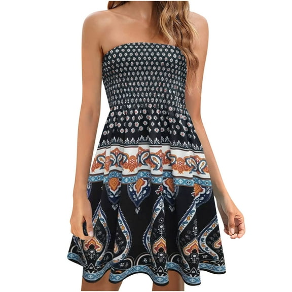 Viadha Womens Summer Skirts Women's Bohemian Style Strapless Elastic Band Dress Without Sleeves Strapless Bra Fashionable Floral Print Dress