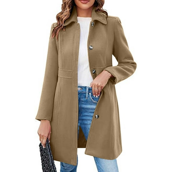 Viadha Womens Trench Coat Mid Length Women's Solid Color Elegant Single Breasted Long Sleeved Lapel Winter Coat Pea Woolen Coat Jacket