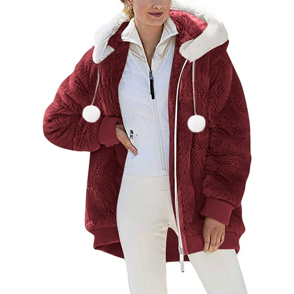 Viadha Womens Zip up Hoodies under $10.00 Winter Coats for Women Fleece Jacket Hooded Color Block Patchwork Cardigan Coat Outerwear with Pockets