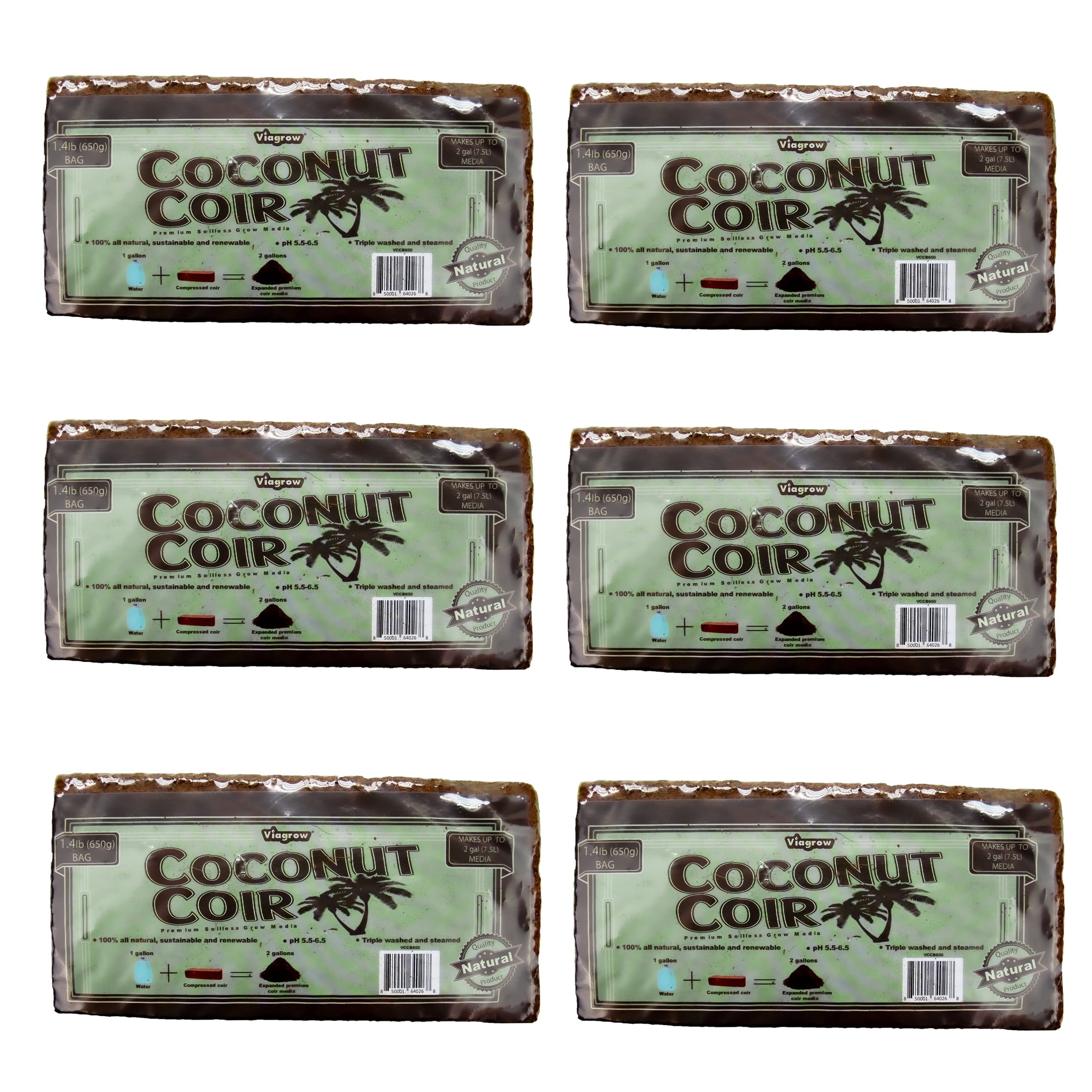 Viagrow Coco Coir, 6 Pack, Makes 2 Gallons / 7.5 Liters / 8 Quarts, 650g Brick