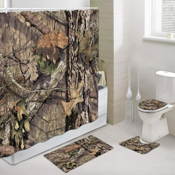 Viajar Bath Rugs Camo Hunting Bathroom Decor Mossy Oak Camouflage Polyester, 69" x 70", 4 Count