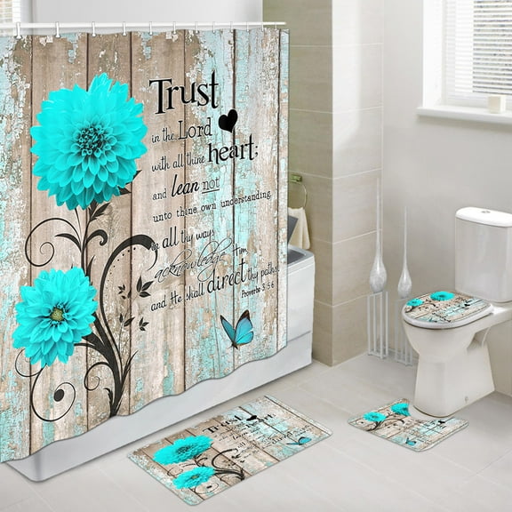 Viajar Rustic Teal Flower Shower Curtain and Bath Mat Set