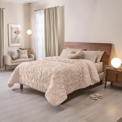 Vianney - Castilla Queen XL Comforter Set 5-Piece - Soft Beige Textured Leaf Motif - Breathable, Lightweight, All-Season Warmth and Cozy Layering