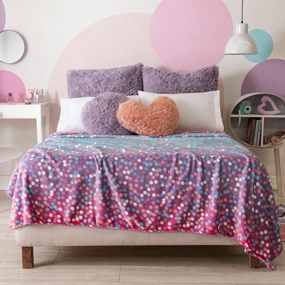 Vianney Colors Full Size Lightweight Fleece Blanket Pink and Purple Polka Dots Design Soft Year-Round Cozy Throw for Teens' Beds and Couch