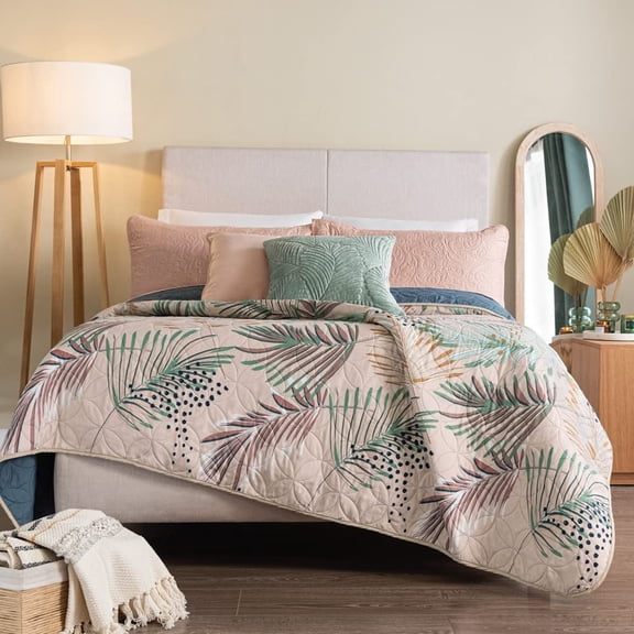 Vianney King Size Comforter - Novo Creta Reversible Quilt Blanket 110x93 Inches - Lightweight Tribal Palm Leaf Design with Soft Greyish Blue Back - All Season Cozy Bedding