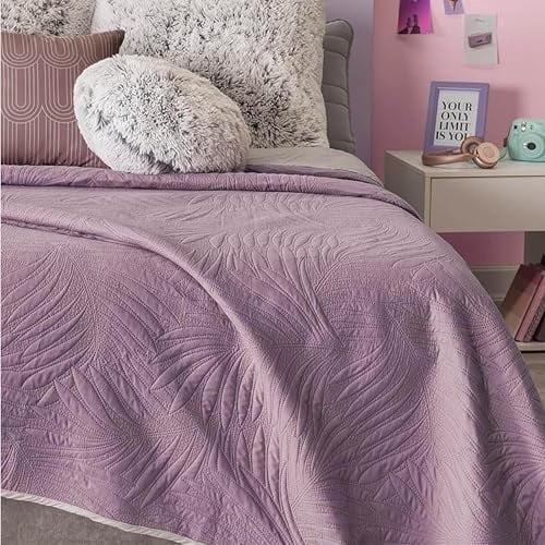 Vianney King Size Comforter, Novo Mallow Bedding, Reversible Lightweight Quilt Blanket in Light Purple and Light Grey with Palm Leaf Quilt Pattern, Light Weight, 110”x93”
