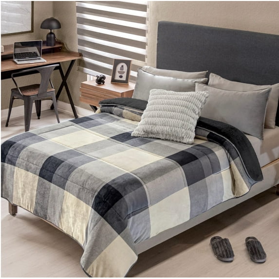 Vianney Quebec Winter Blanket Gray And White Squares With Sherpa Warm And Soft Home Washable Queen Size