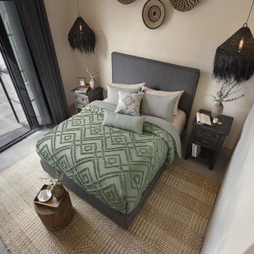 Vianney Textured Reversible Comforter Set – King Size, Light Grey & Sage Green with Geometric Design, Elegant All-Season Bedding