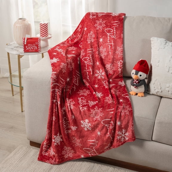 Vianney - Throw Blanket & Plush Penguin - Merry Christmas - Lightweight Ultra-Soft Beauty Soft Polyester - Festive Red and White Snowflake Design