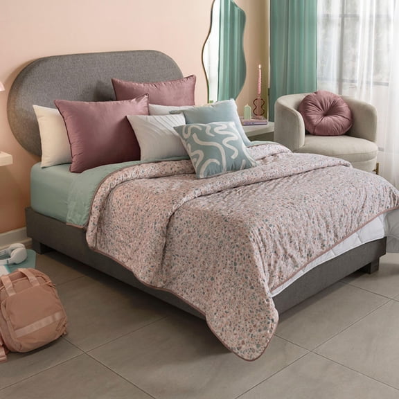 Vianney Twin Comforter, Novo Terrazzo Bedding, Reversible Lightweight Quilt Blanket in Abstract Geometric Design and Solid Sage Green on Other Side, 71”x93”